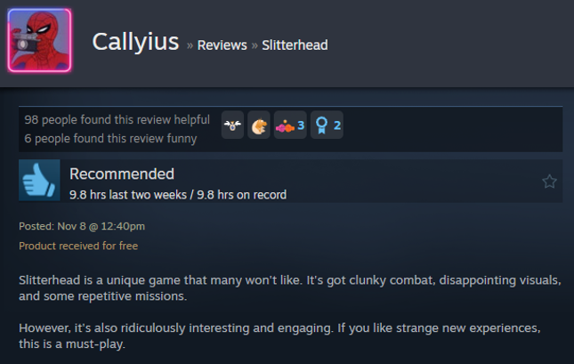 Screenshot showing a Steam user review of Slitterhead.